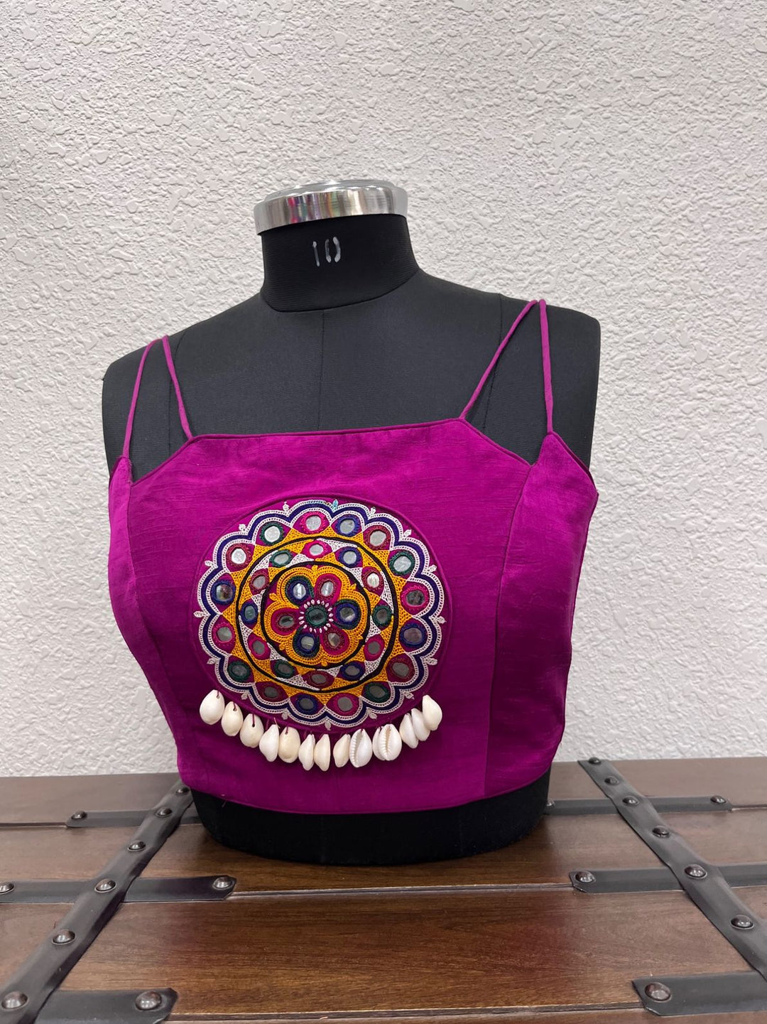 Magenta raw silk blouse with Gamthi mirror patch and kodi detailing