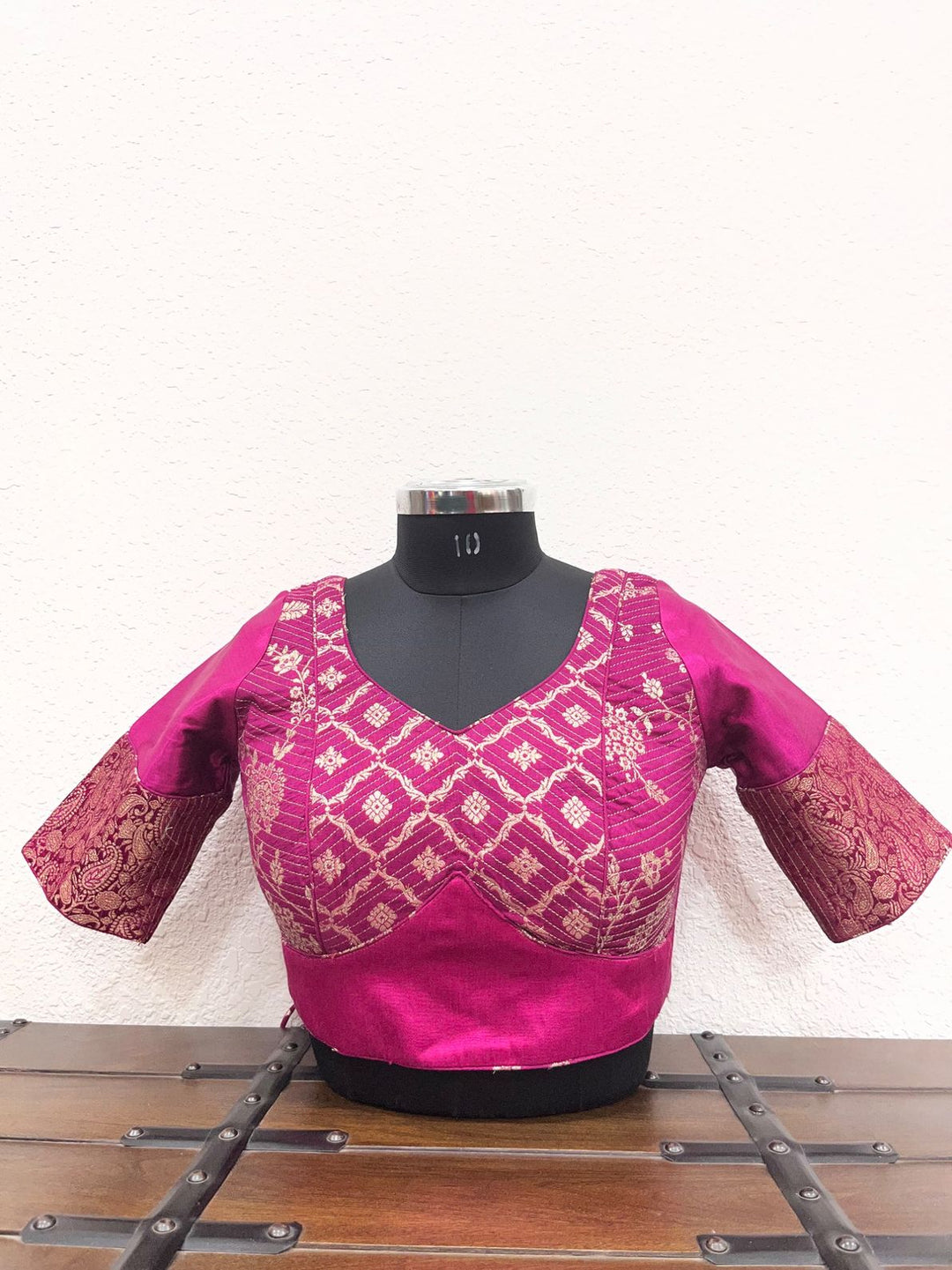 Magenta mashru silk blouse with Banarasi kasab work for Navratri