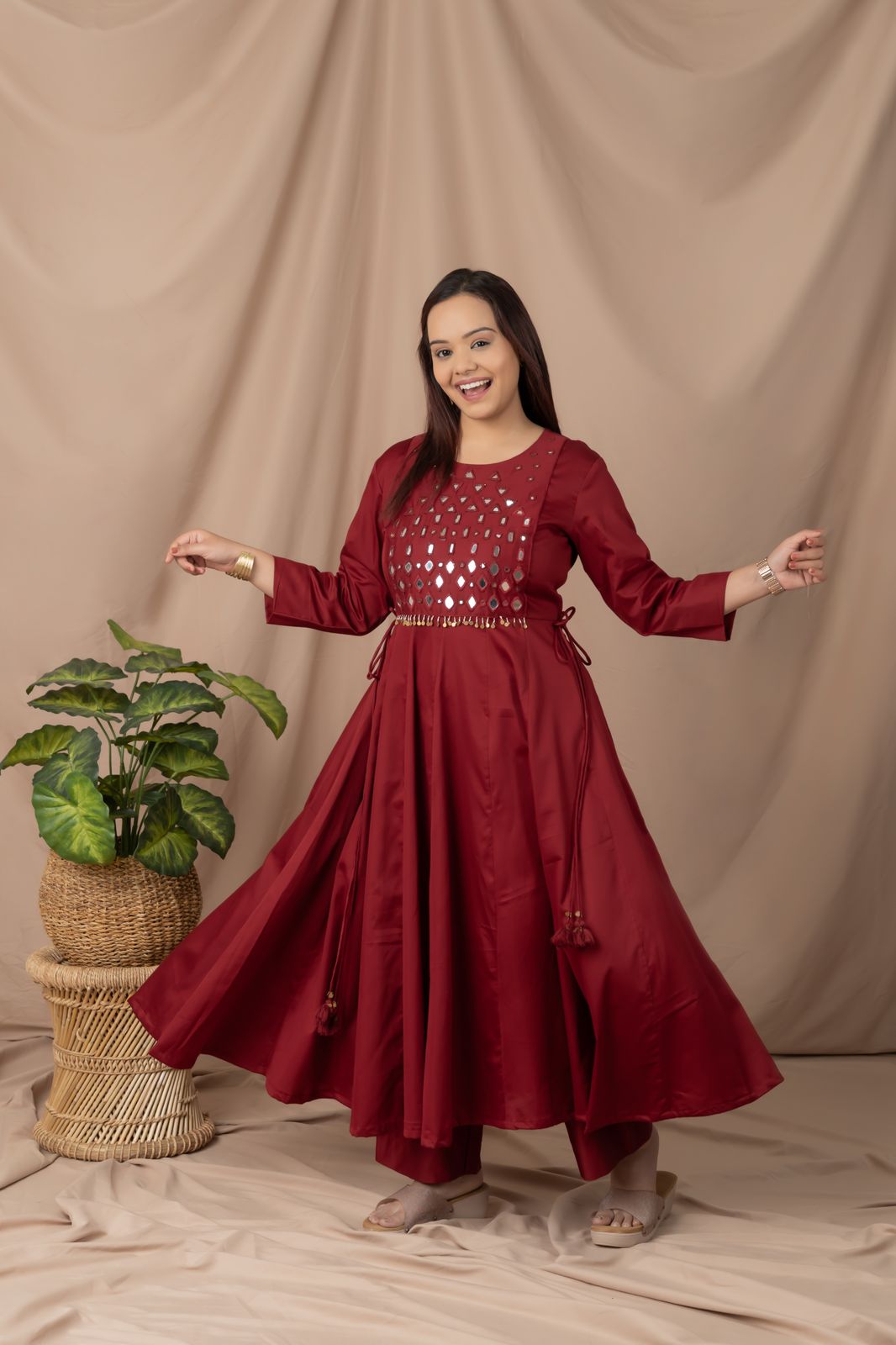 Maroon mirror work kurta set for women in cotton satin fabric, festive ethnic wear outfit