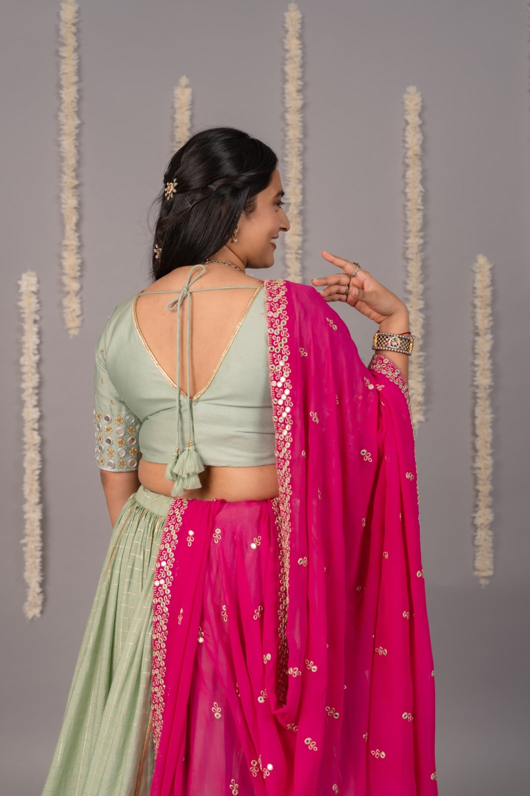 Mint & pink festive Navratri chaniya choli mirror work blouse and dupatta with chanderi checks chaniya women 