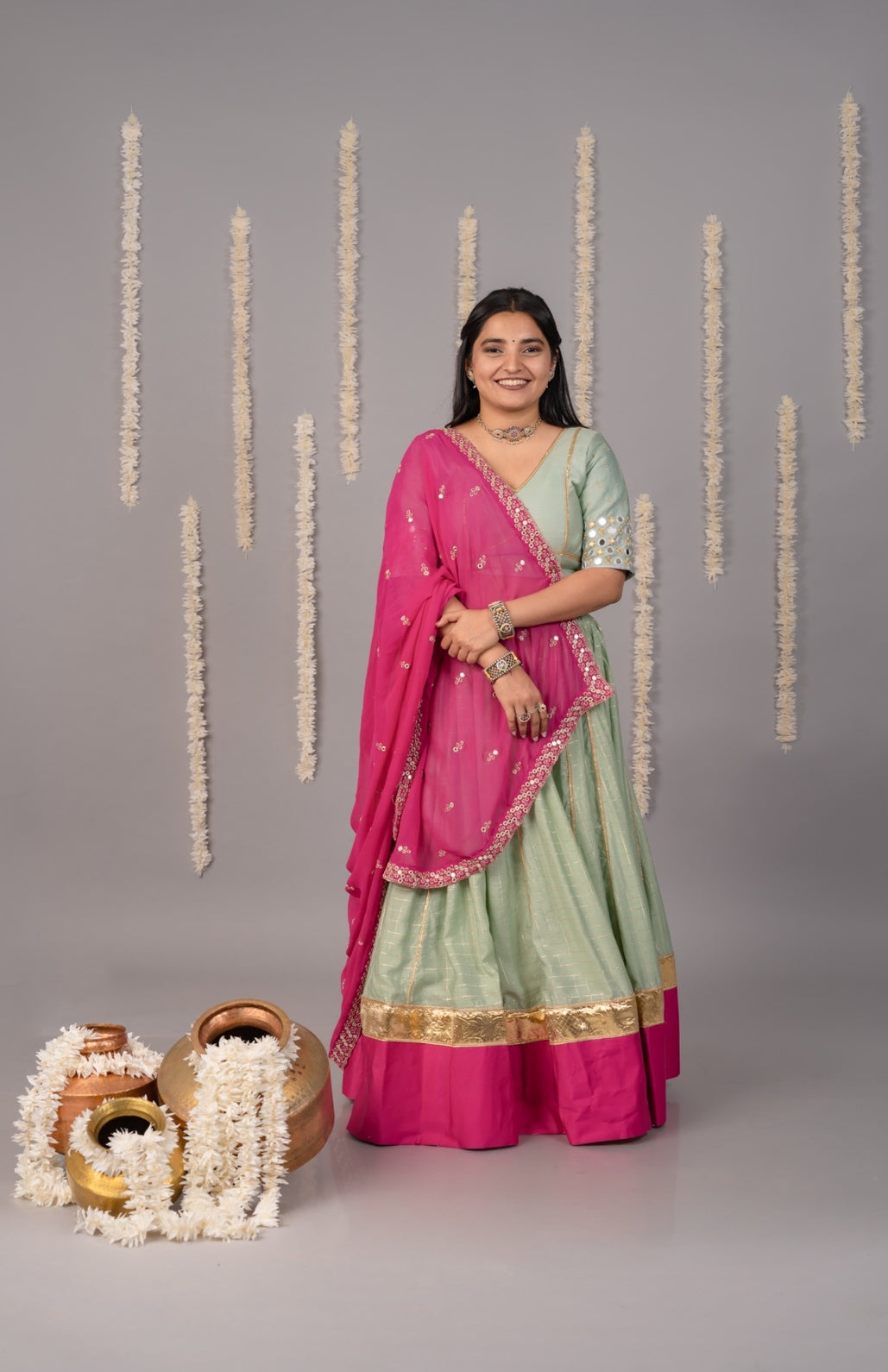 Mint & pink designer Navratri lehenga set blouse with mirror work and dupatta for garba 