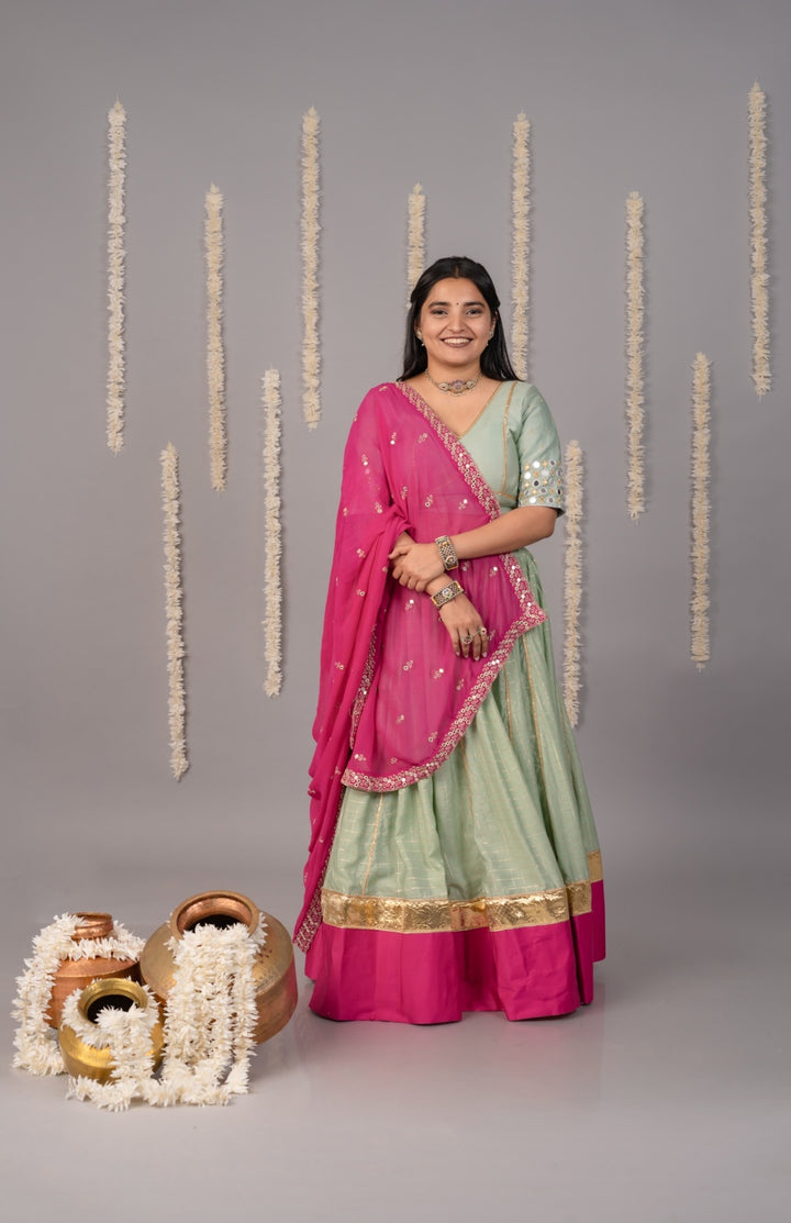 Mint & pink designer Navratri lehenga set blouse with mirror work and dupatta for garba 