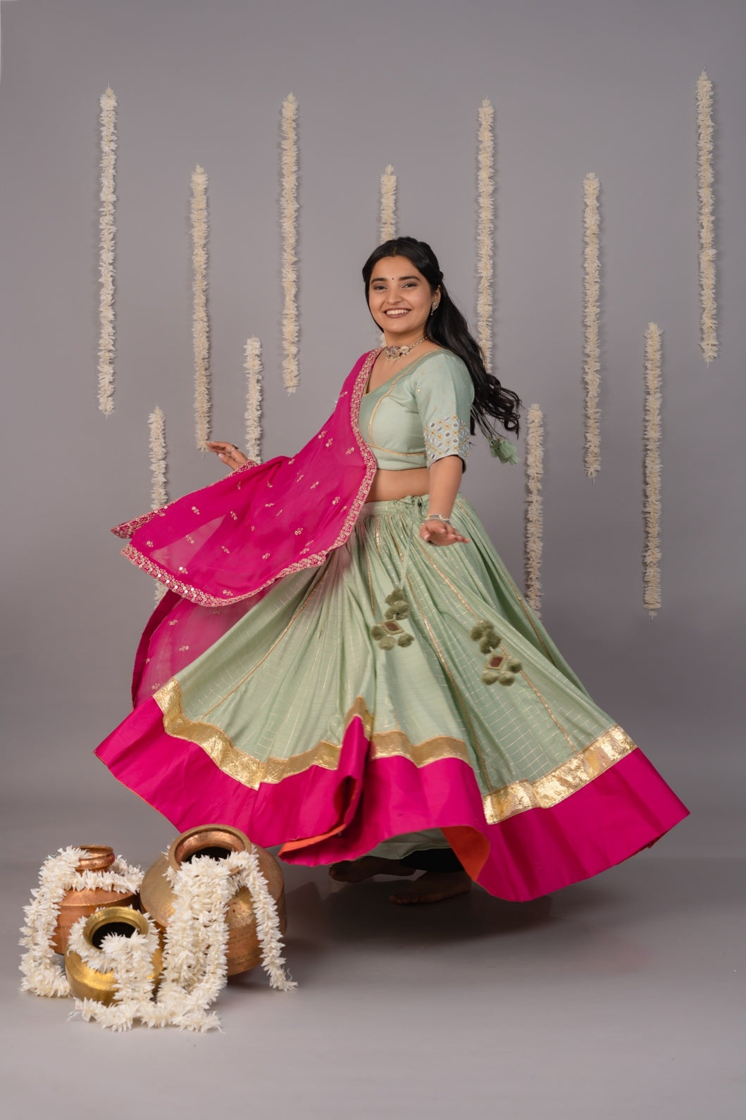 Mint & pink chaniya choli women mirror work blouse and dupatta cotton satin chaniya for Navratri 