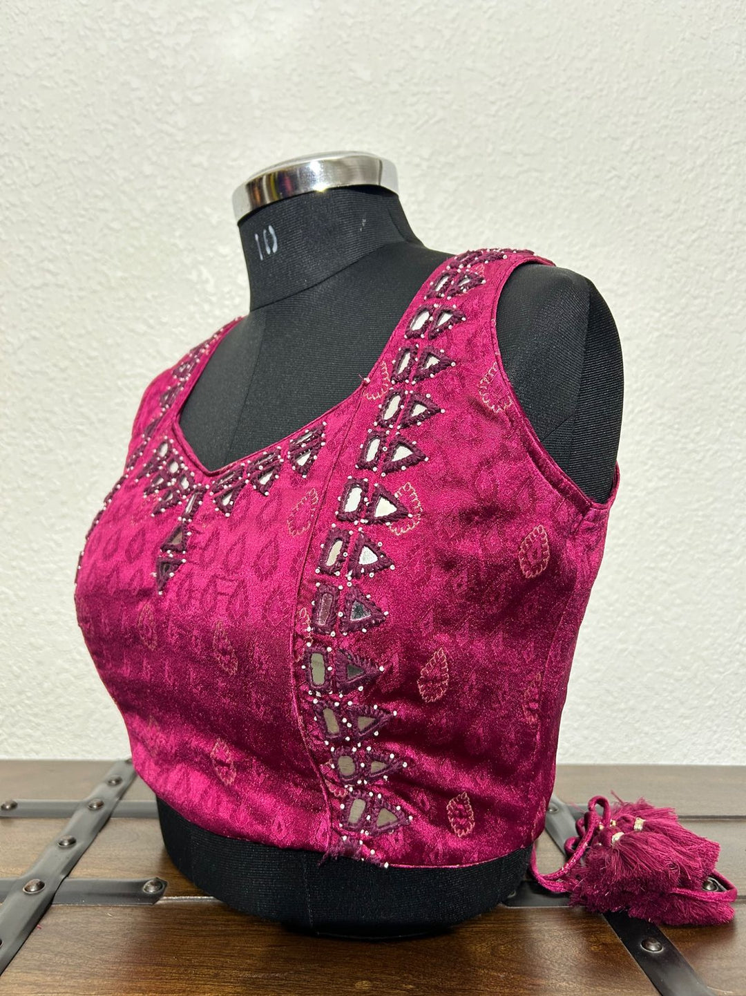 Festive pink blouse with handcrafted mirror embroidery work
