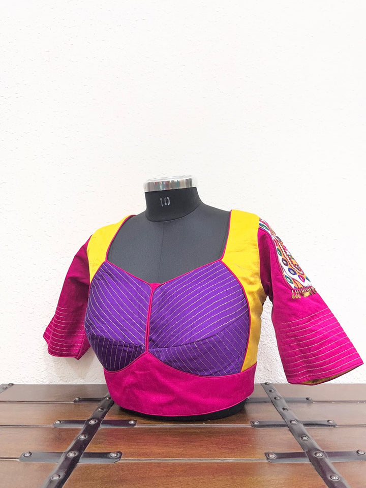 Multicolor raw silk satin blouse with kasab work and Kutchi patch sleeves