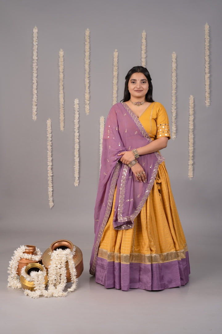 Mustard yellow & lilac mirror work blouse and chanderi checks chaniya with dupatta set for Navratri 