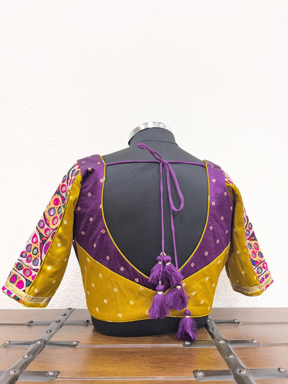 Navratri blouse with colorful mirror patch work and bandhej fabric