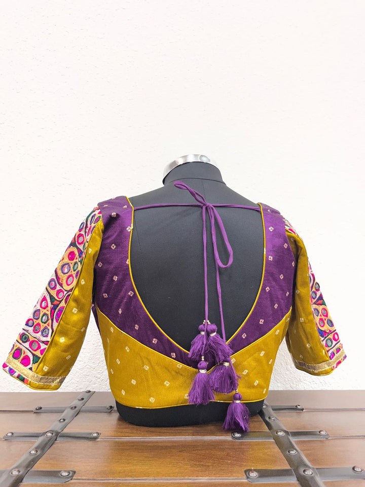 Navratri blouse with colorful mirror patch work and bandhej fabric