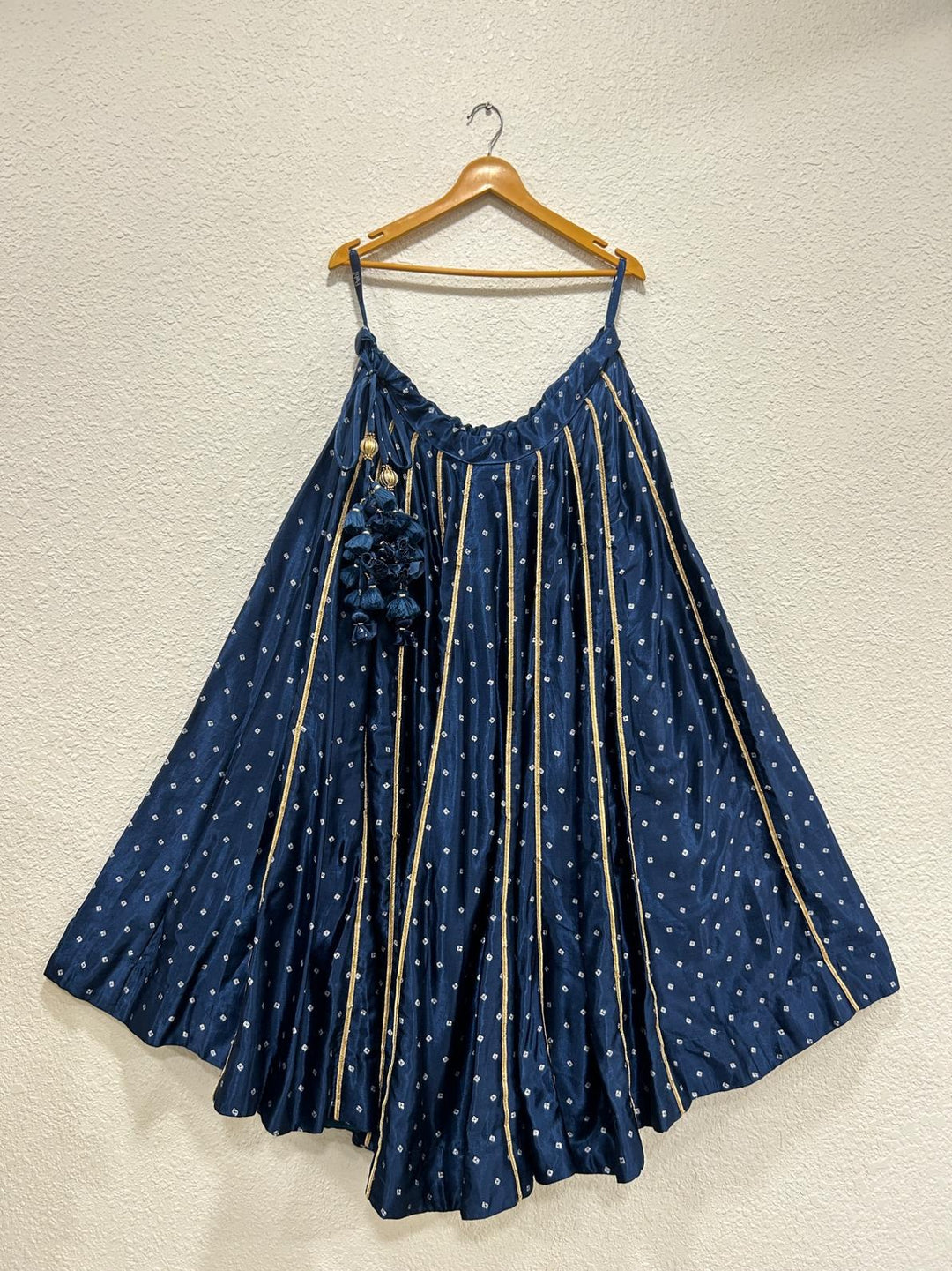 Navy blue designer Bandhej chaniya with elegant festive silhouette