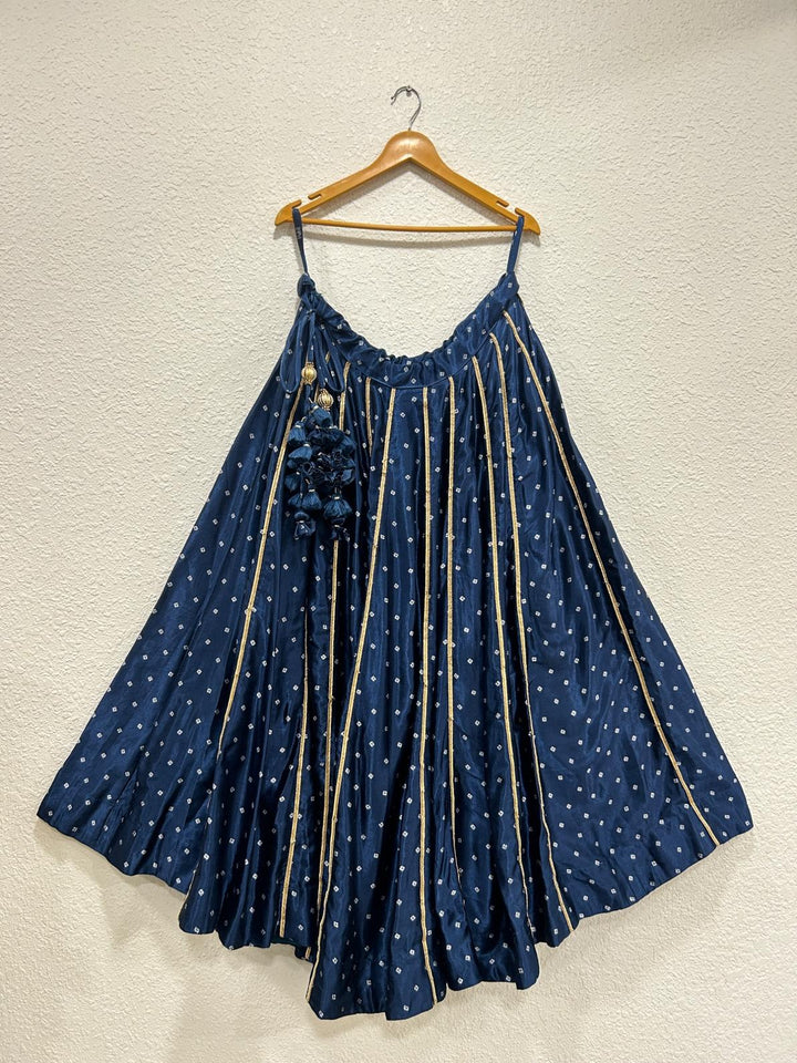 Navy blue designer Bandhej chaniya with elegant festive silhouette