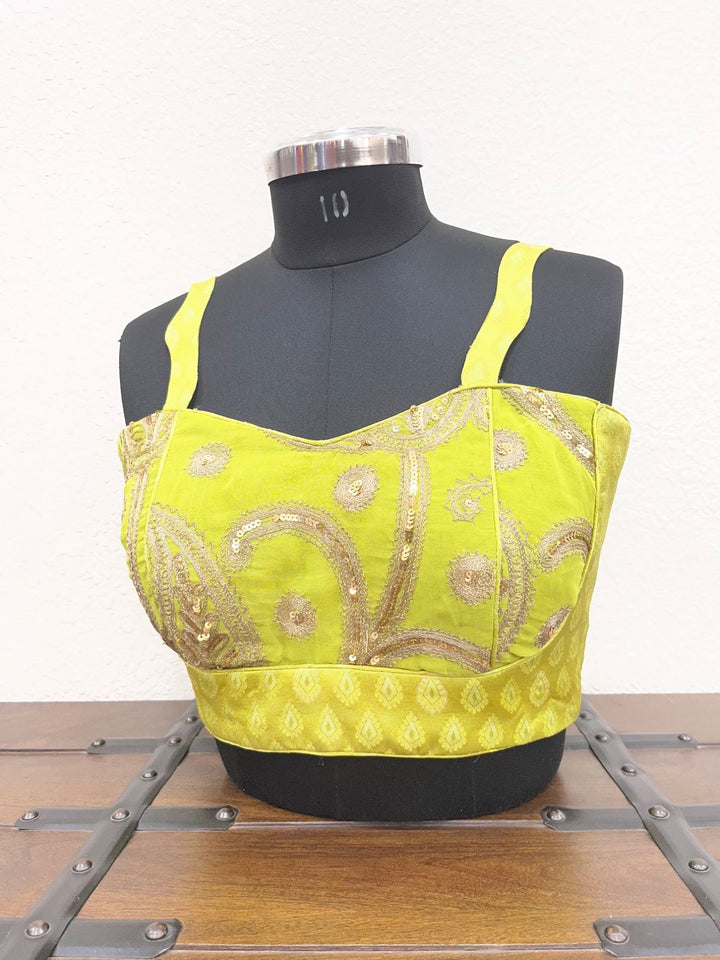 Neon Gajji silk blouse with vintage work and Banarasi border detailing