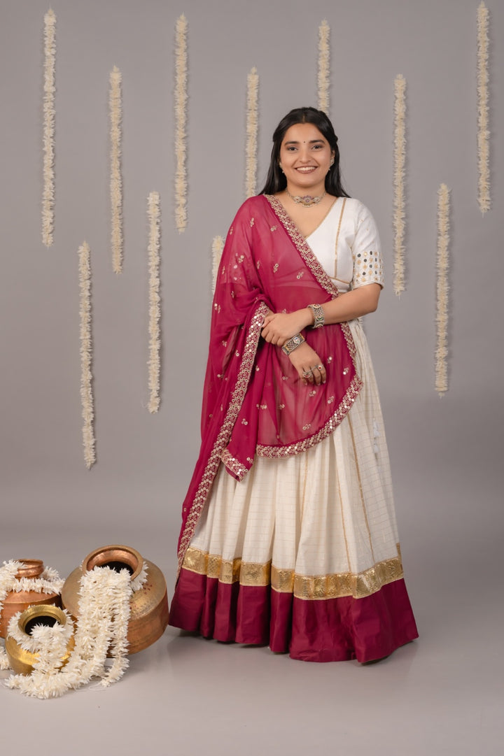 Off white & magenta cotton satin lehenga set with mirror work for garba outfit women 