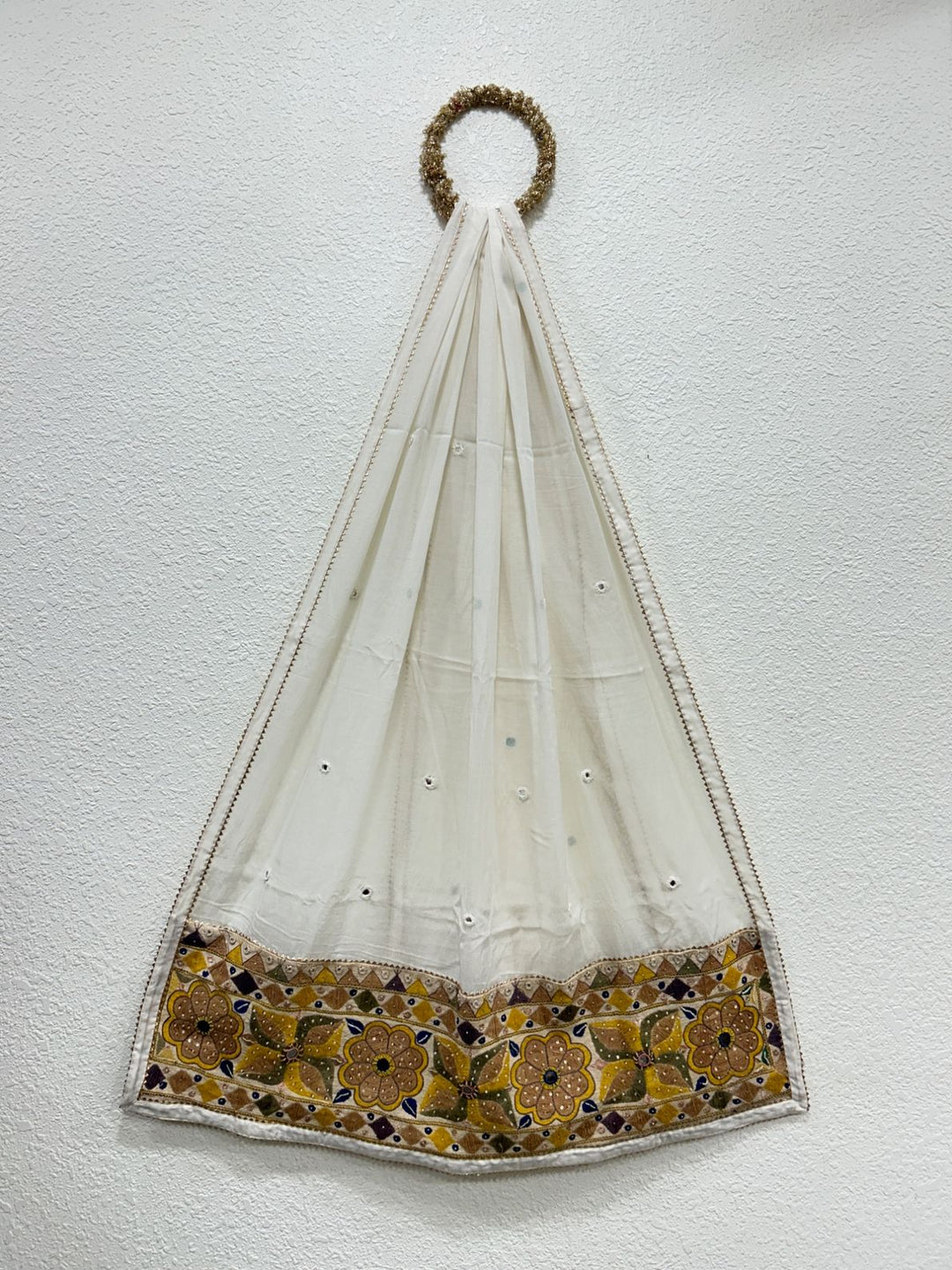 Off white Chanderi cotton dupatta with vibrant Kutchi mirror work patches