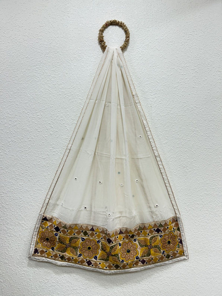 Off white Chanderi cotton dupatta with vibrant Kutchi mirror work patches