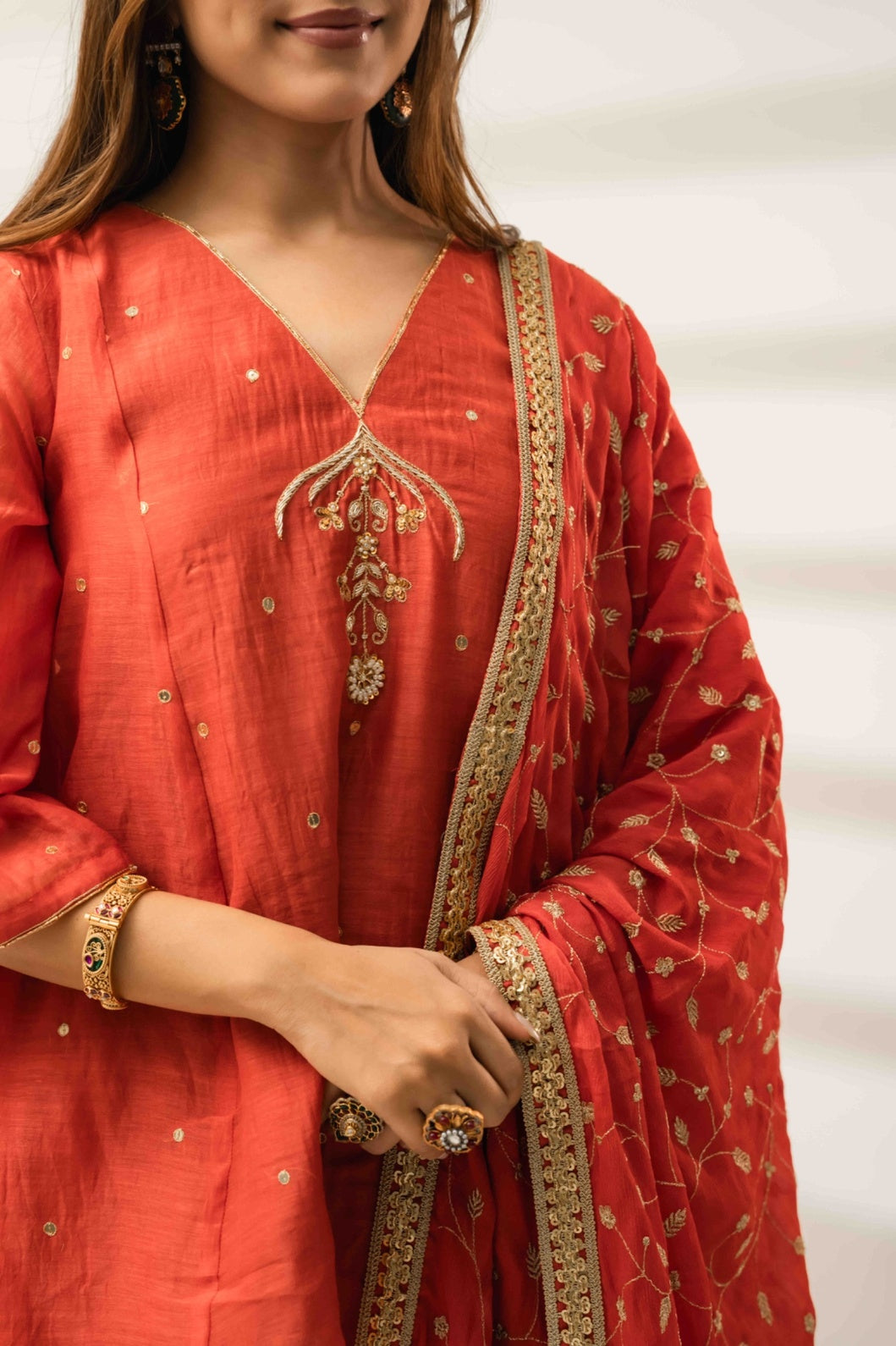 Peach embroidered palazzo set for women with dupatta
by Pohi Studio India 