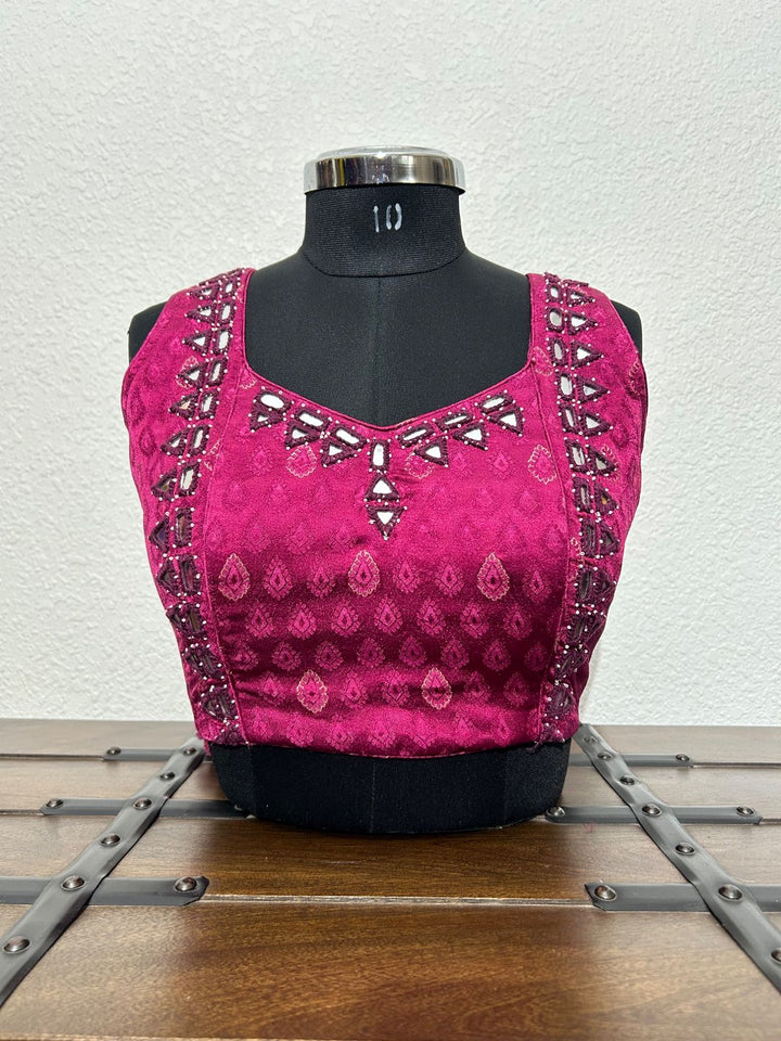 Pink Gajji silk blouse with mirror work embroidery detailing
