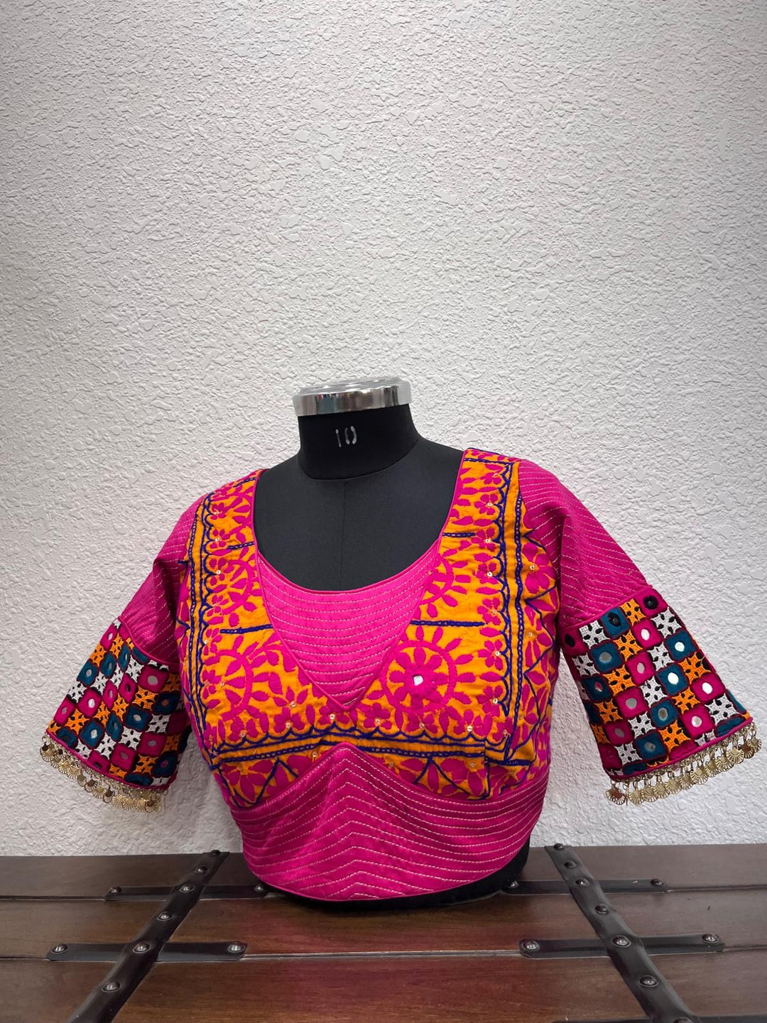 Pink Kutchi Rabari work blouse with coin lace sleeves for Navratri
