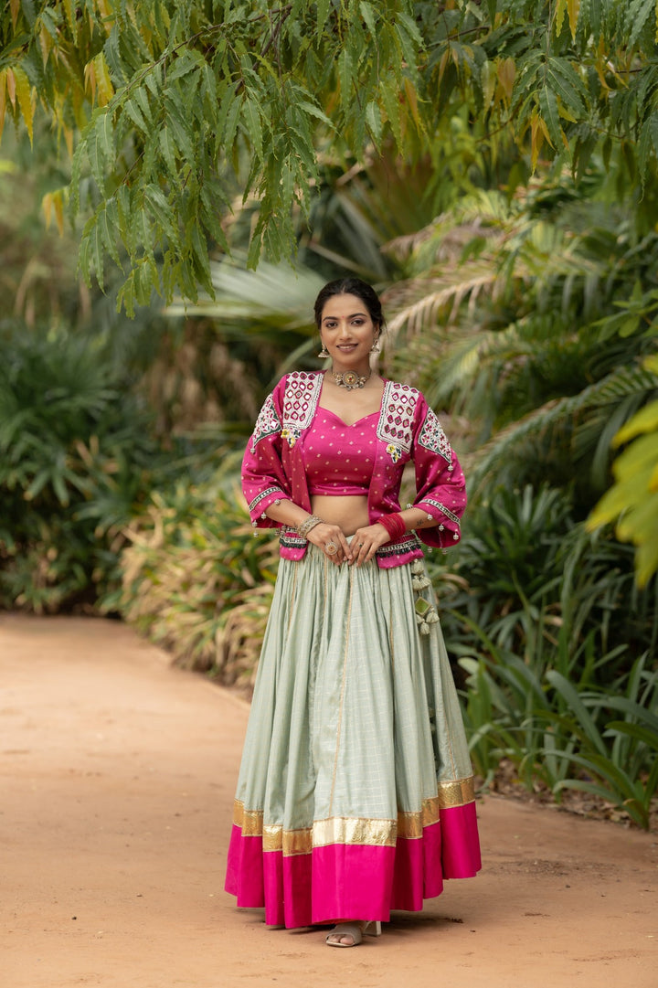 Woman navratri designer chaniya choli set banjara patchwork jacket by pohi studio ahmdabad 