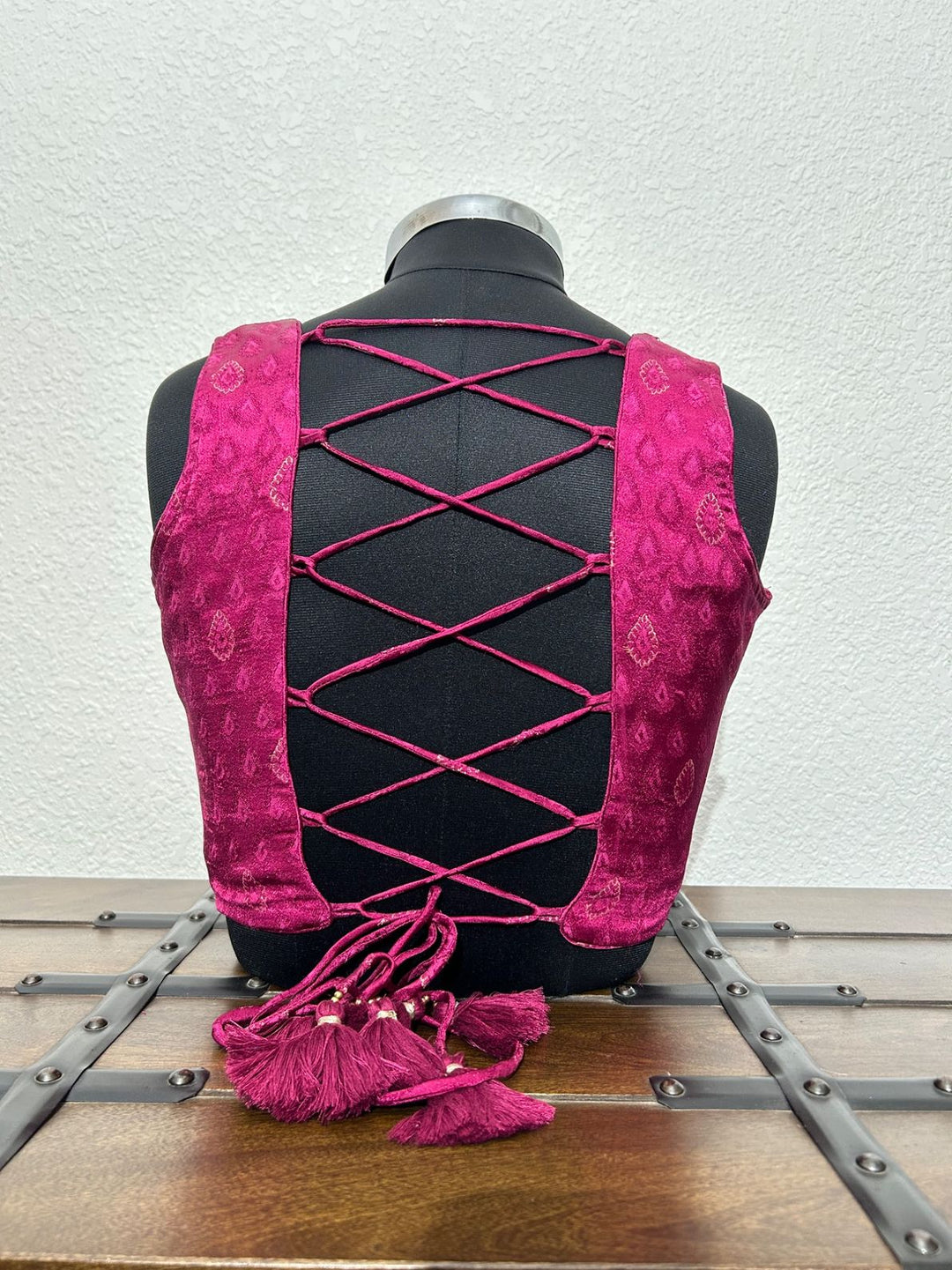 Designer pink Navratri blouse with criss cross dori back