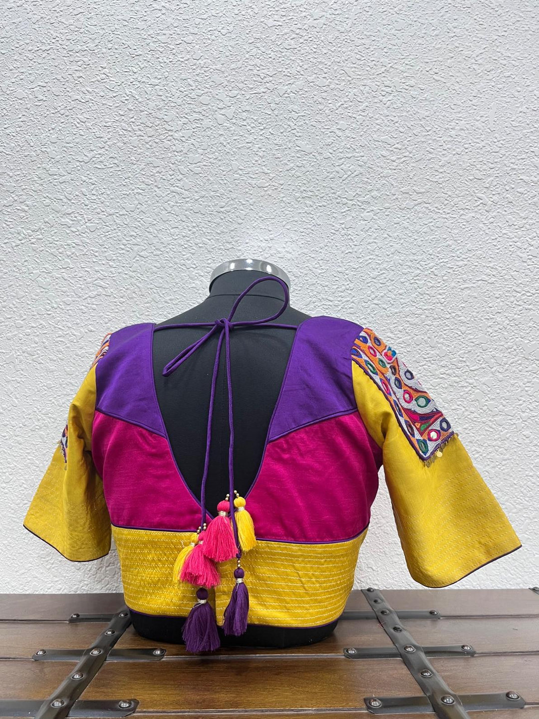 Pink purple yellow Navratri blouse with coin detailing and mirror work patches