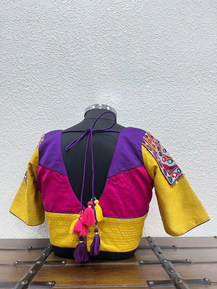 Pink purple yellow Navratri blouse with coin detailing and mirror work patches