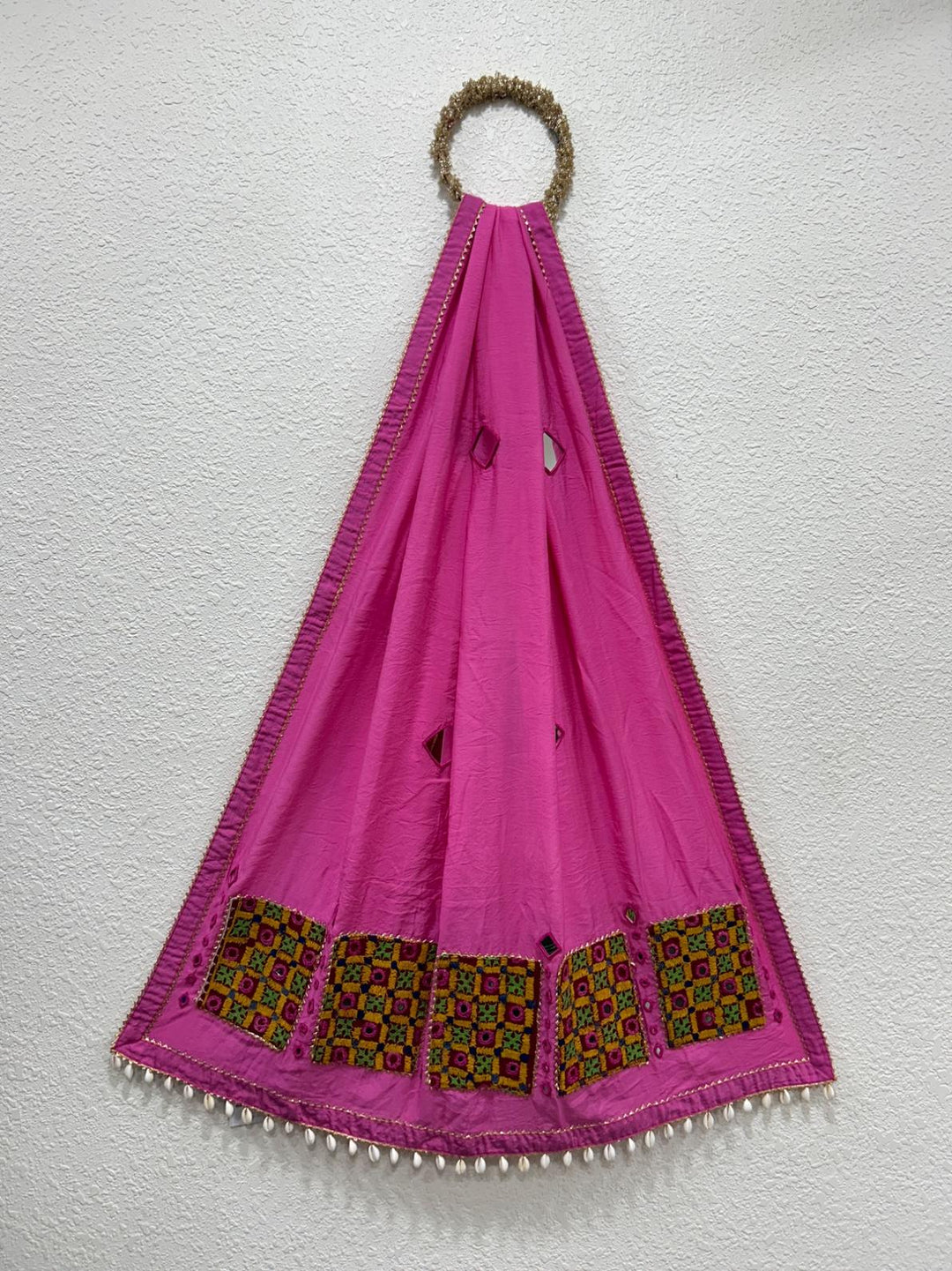 Pink  Chanderi cotton dupatta with handcrafted Rabari patch detailing