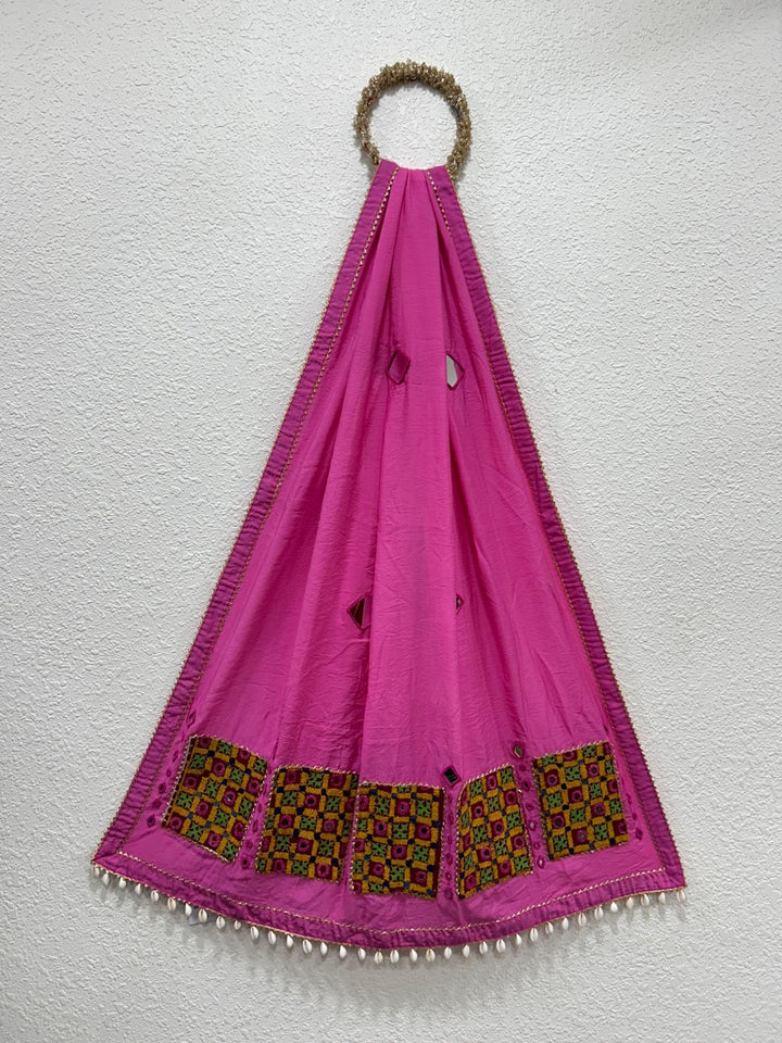 Pink  Chanderi cotton dupatta with handcrafted Rabari patch detailing