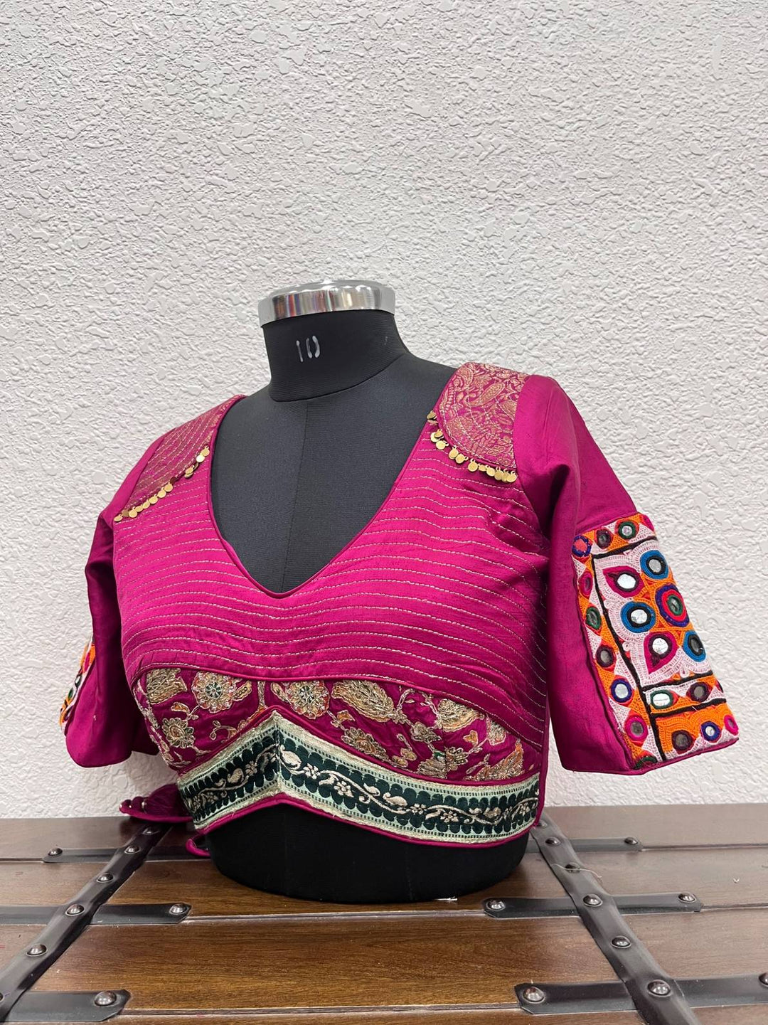 Pink raw silk satin blouse with Kutchi patches and Banarasi border