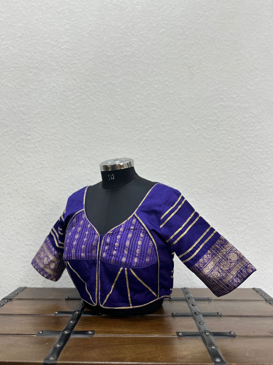 Purple raw silk blouse with Banarasi detailing and handcrafted kasab work
