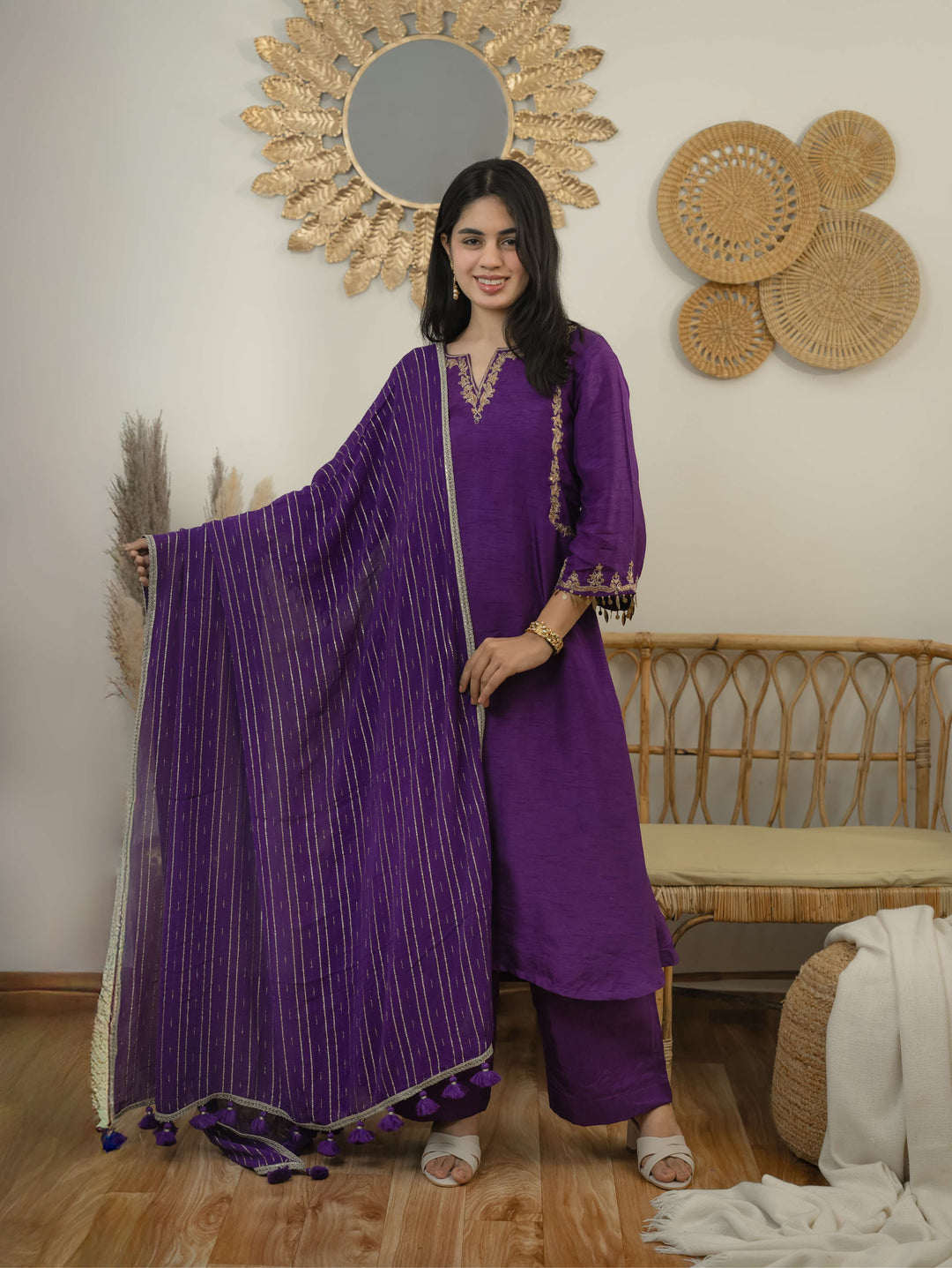 Purple A-line silk kurta set with handwork neckline and sleeves