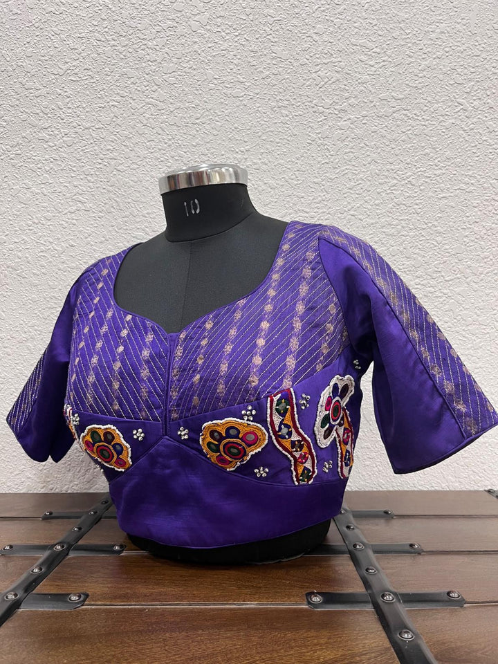 Purple Kutchi patch blouse with Banarasi kasab work for Navratri and wedding wear