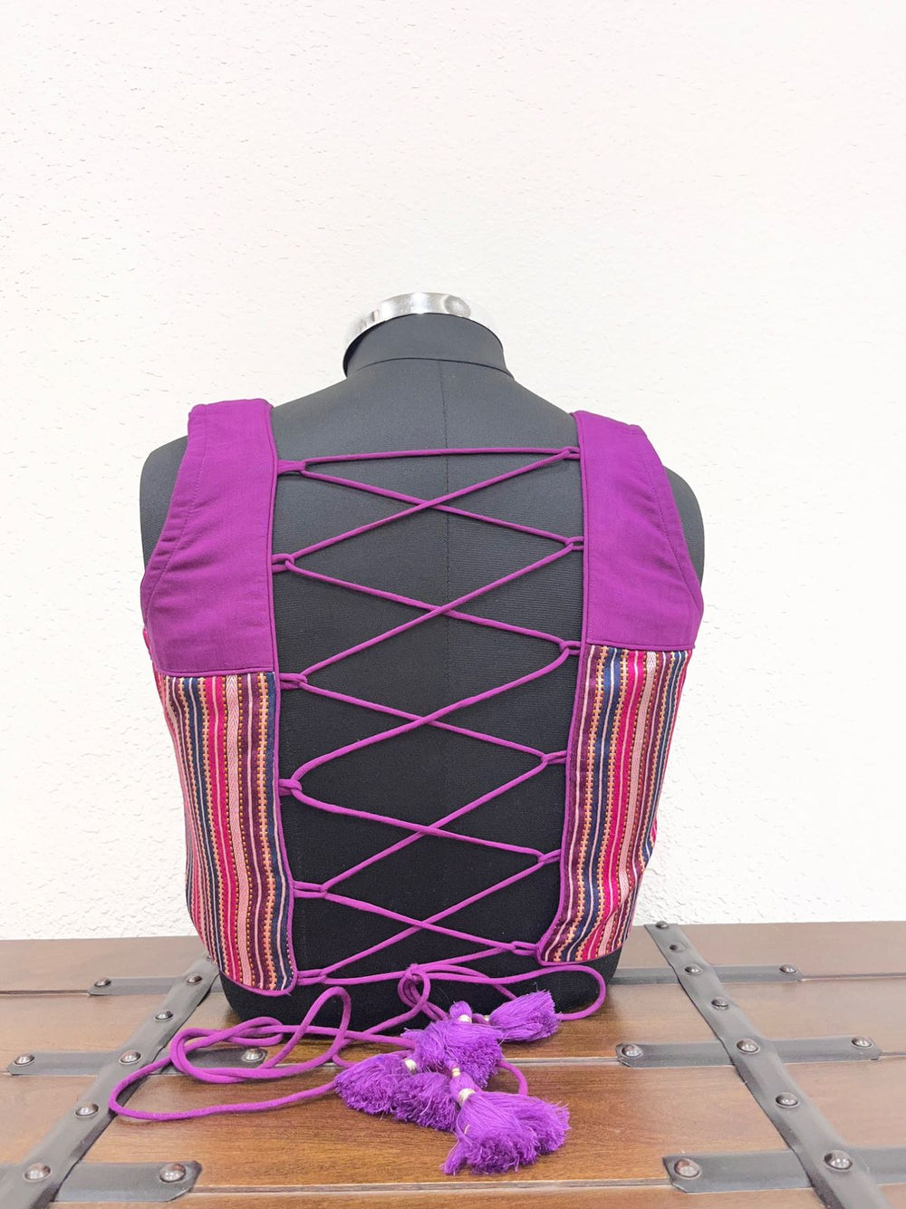 Designer purple Navratri blouse with criss cross dori back and Kutchi embroidery