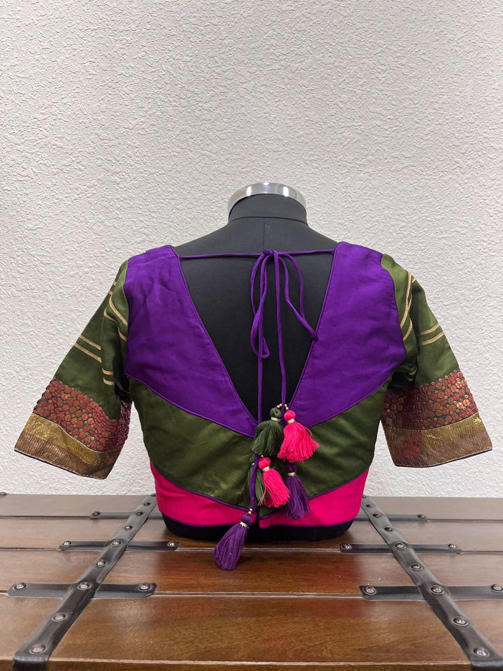 Designer mehendi green festive blouse with gota lace and golden lampi border