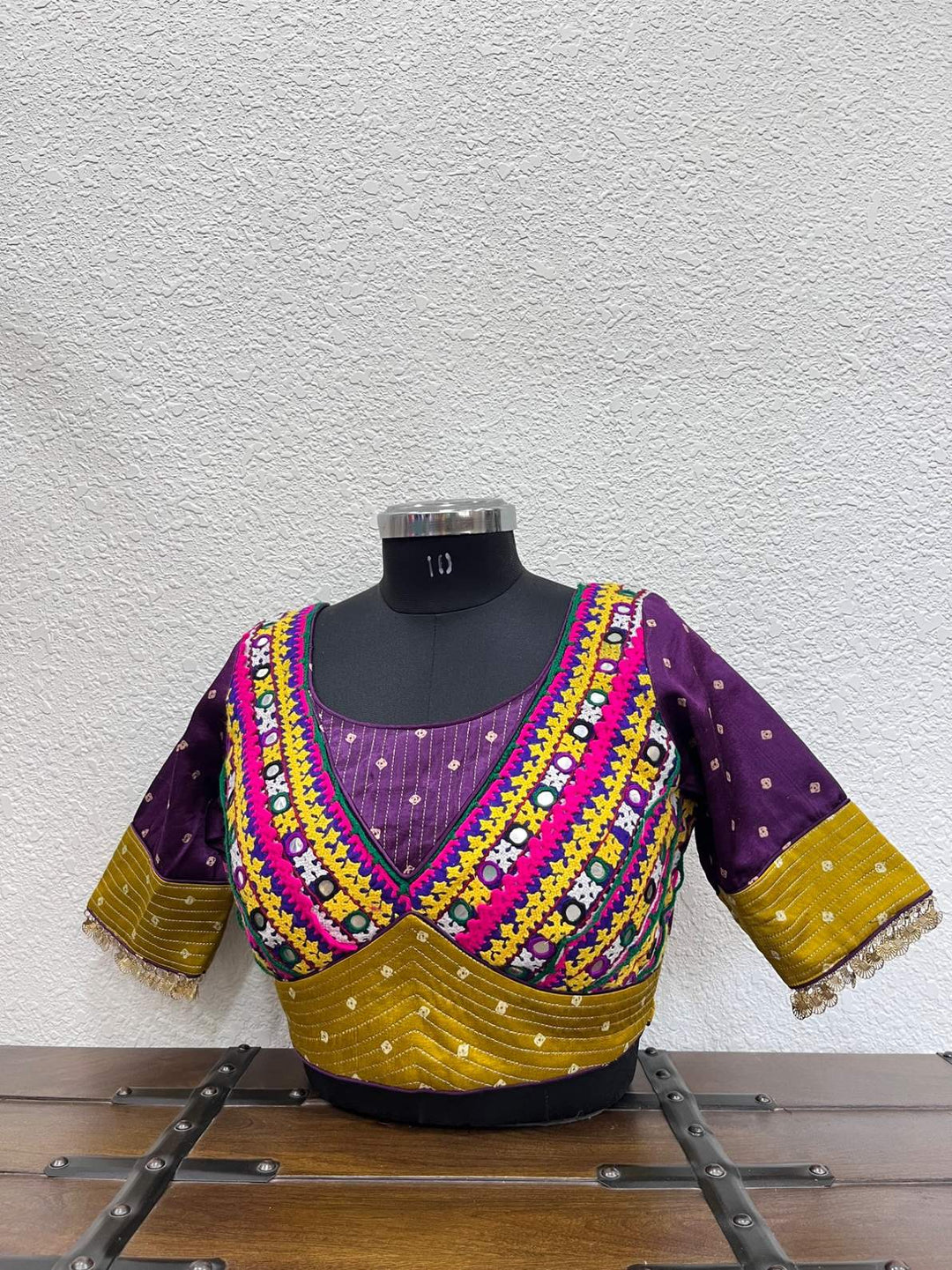 Purple yellow Bandhej blouse with Kutchi mirror work and coin sleeve detailing