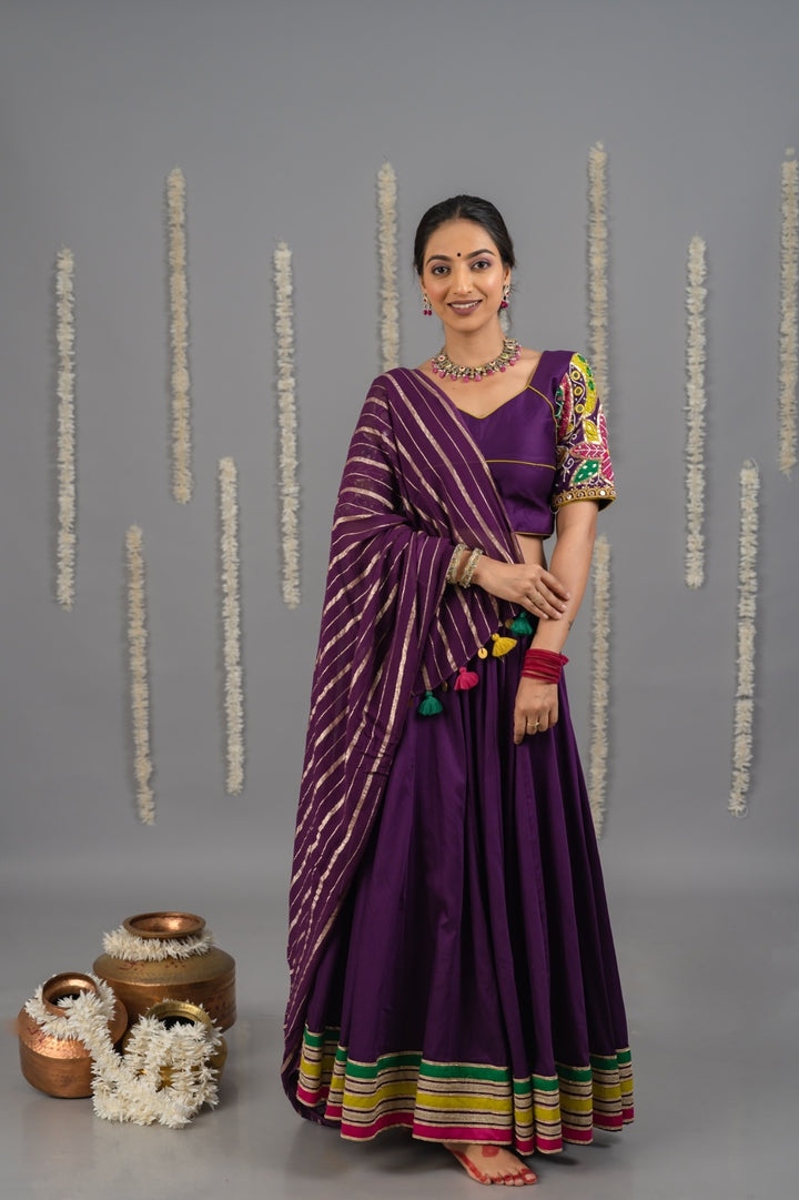 Purple cotton satin Navratri lehenga set with mirror work blouse and multicolour border chaniya with georgette dupatta 