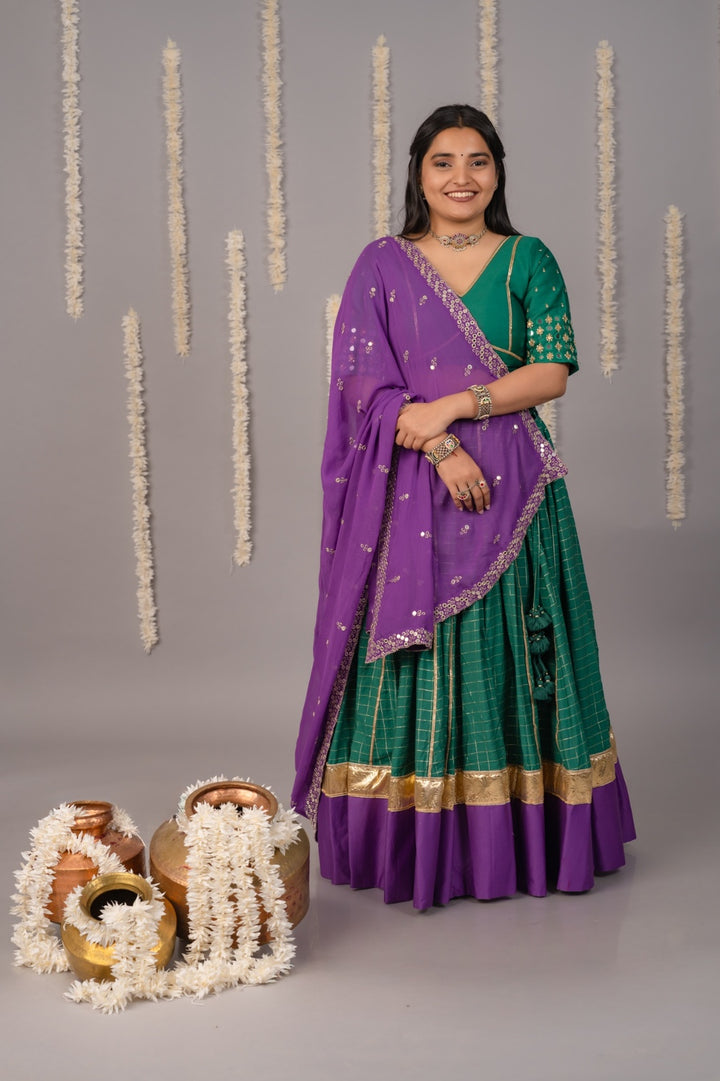 Rama green & purple chanderi checks chaniya and blouse with mirror work and dupatta Navratri outfit 