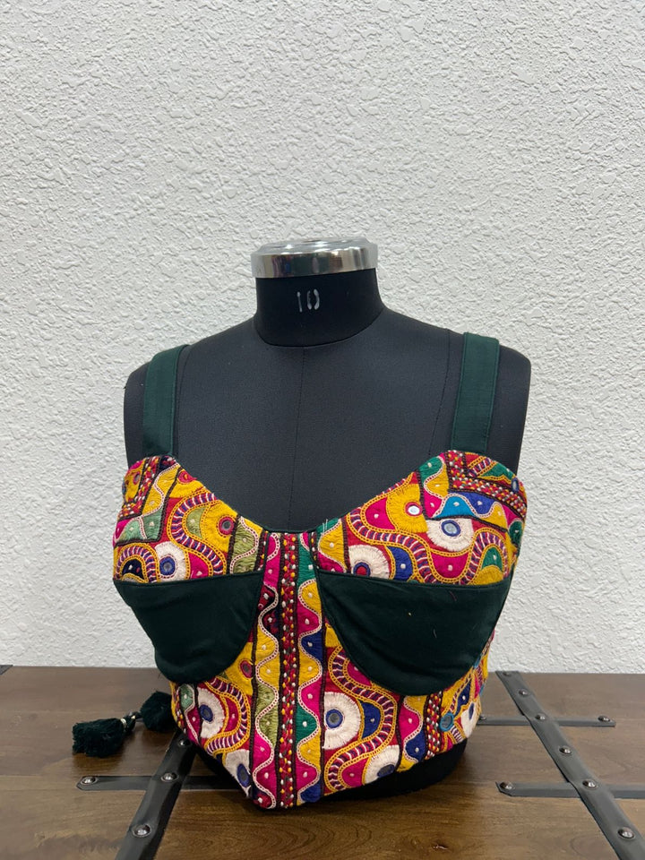 Raw silk spaghetti strap blouse with vibrant Kutchi patch detailing
