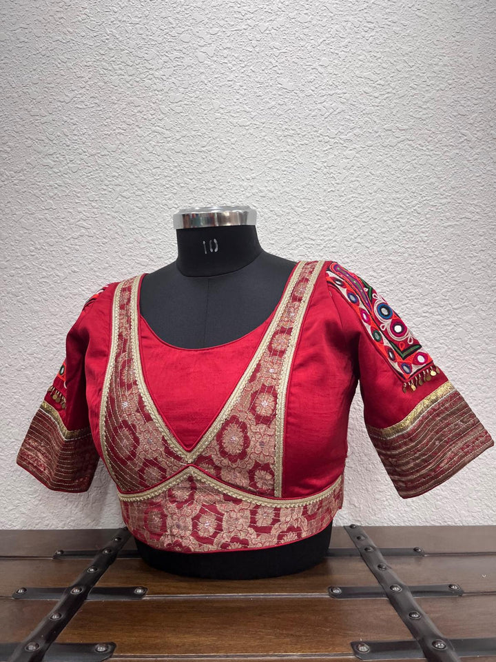 Red raw silk satin blouse with Banarasi front panel and kasab work