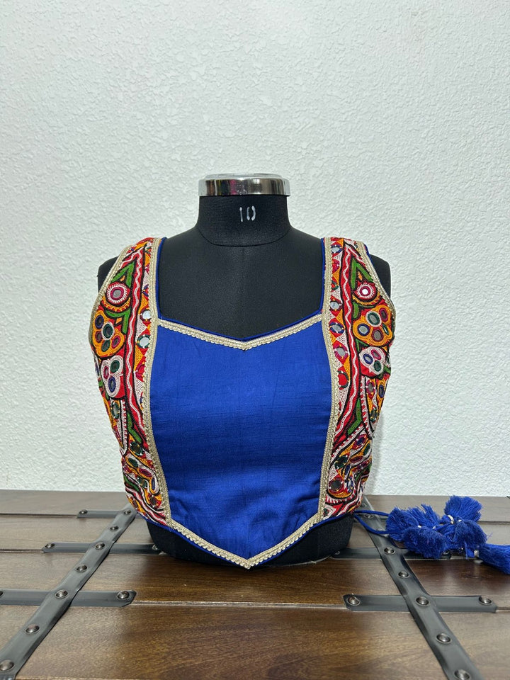 Royal blue Garba blouse crafted in raw silk satin fabric