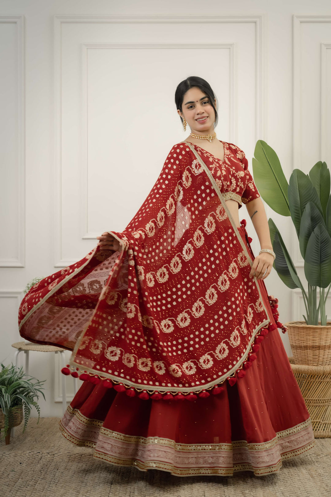 Rust mukesh work lehenga set with banarasi blouse and georgette dupatta for wedding garba night