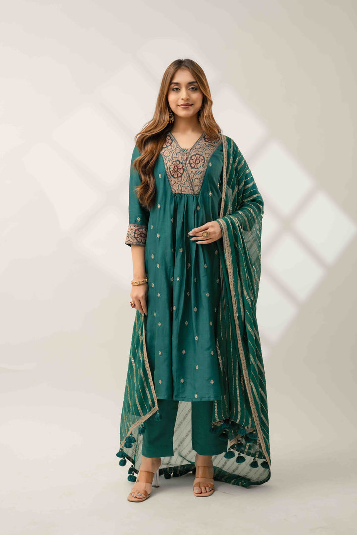 Teal green A-line kurta set with Banarasi dupatta for festive wear