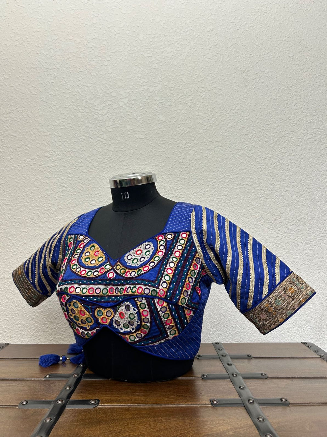 Traditional blue Garba blouse with handcrafted patch embroidery work