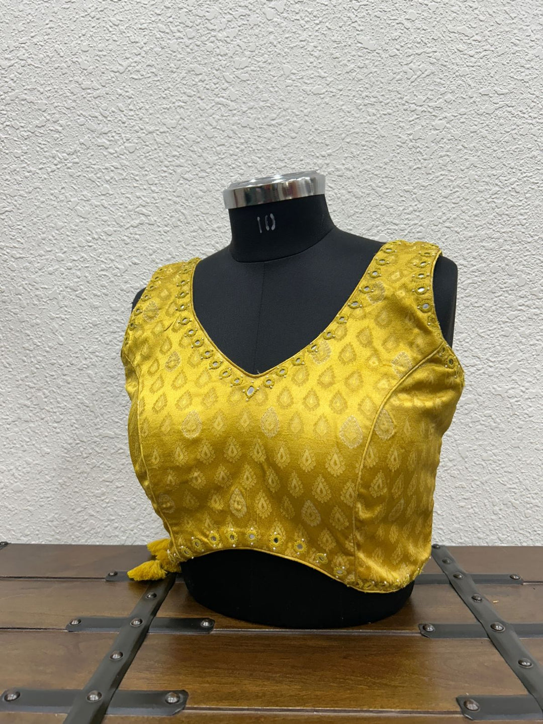 Yellow Gajji silk Navratri blouse with intricate mirror work detailing