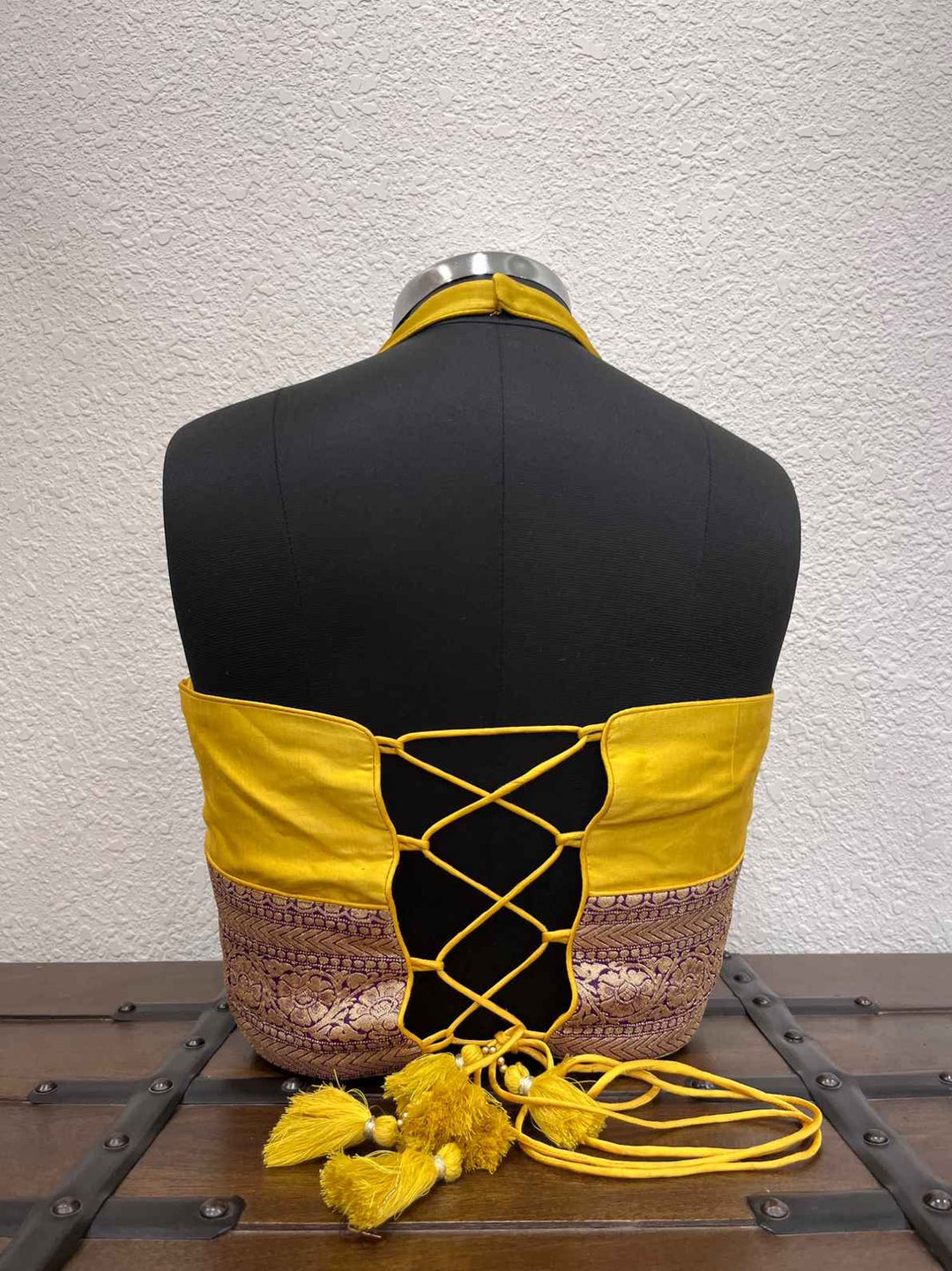 Designer yellow Navratri blouse with criss cross dori back detailing