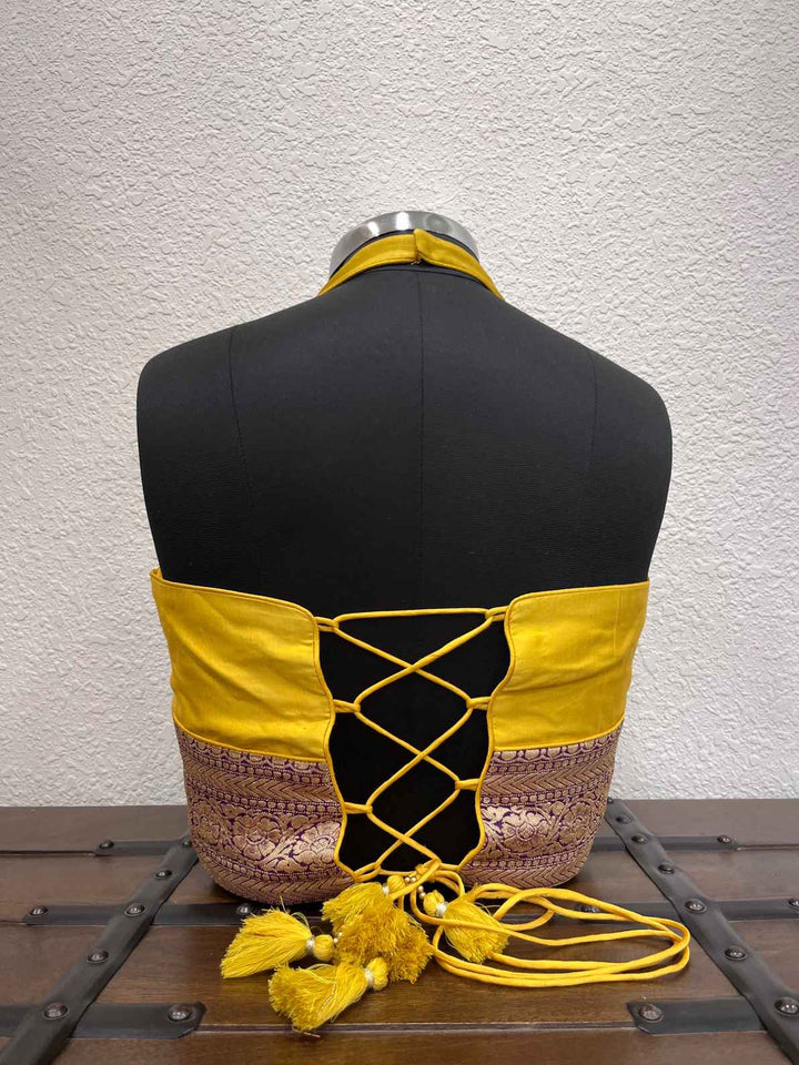 Designer yellow Navratri blouse with criss cross dori back detailing