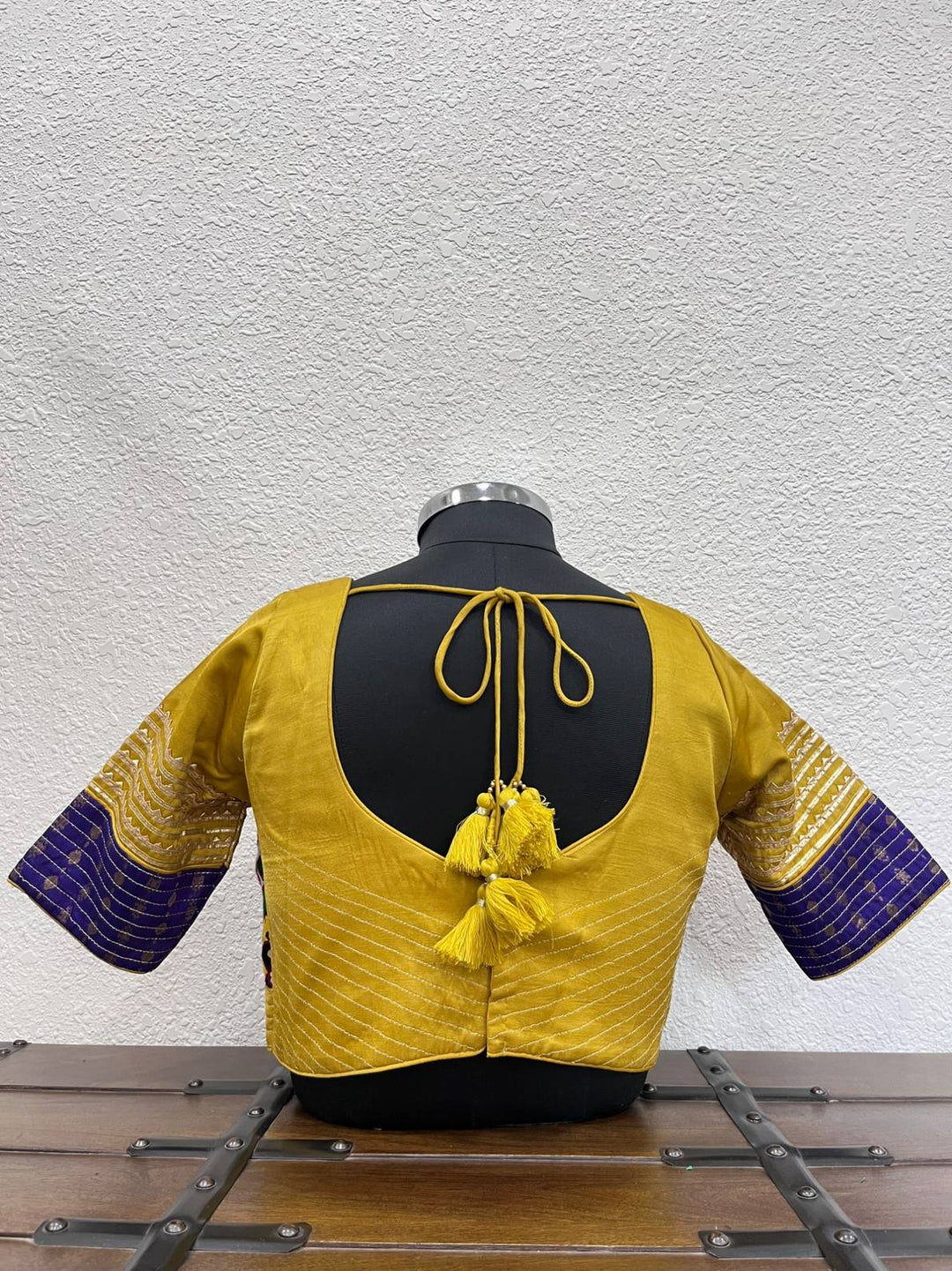 Designer yellow Navratri blouse with gota lace and Banarasi border
