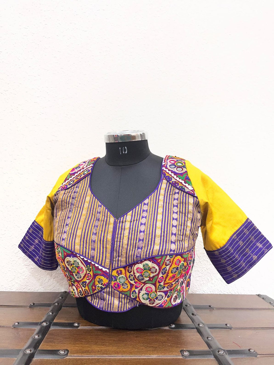  Yellow purple blouse with Banarasi fabric and gamthi patch work design

